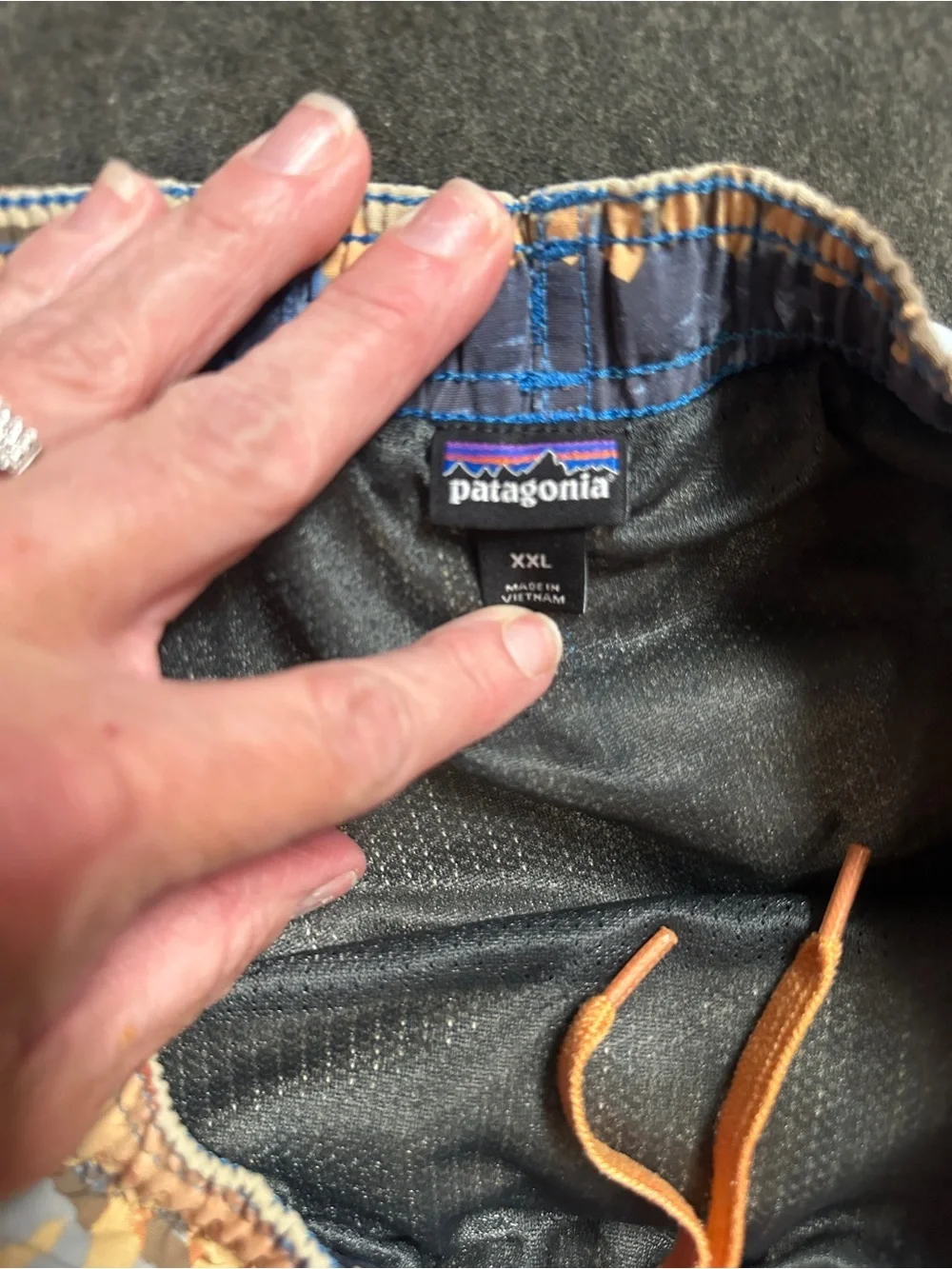 Patagonia Kids XXL Printed Swim Trunks Board Shorts Blue Tan Orange